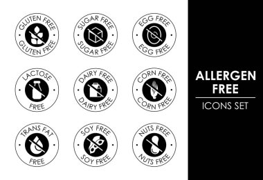 Alerjen içermeyen simge seti. Alerjsiz ürün sembolleri. Laktoz, glüten, şeker, mısır, yumurta, trans yağ, soya, fındık, süt ürünleri tabelaları