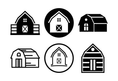 Çiftlik ahırı simgeleri dizayn, çiftlik ve tarım ambarı simgesi beyaz arka planda siyah