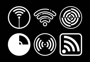 Wifi simgeleri dizayn edildi, internet bağlantı sembolü, kablosuz ve kablosuz ağ işareti siyah arkaplanda beyaz