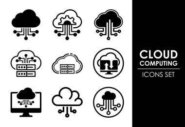 Bulut hesaplama simgeleri dizayn edildi. Veri depolama ve teknik simge işareti beyaz arkaplanda siyah