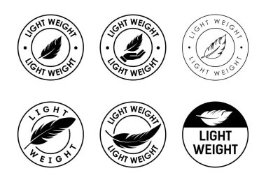 Bir tüy ve metin hafifliği içeren altı dairesel rozet ve amblem seti