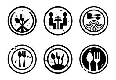 Beyaz arkaplanda izole edilmiş altı restoran ve yemek ikonu.