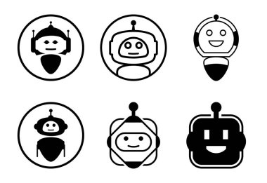 Özet ve siluet biçiminde altı dost robot simgesi koleksiyonu