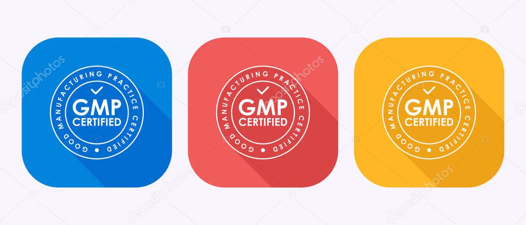 GMP Certified Logos in Blue, Red, and Yellow Squares Good Manufacturing Practice