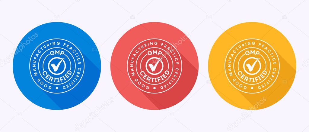 Colorful GMP Certified Badges Good Manufacturing Practice Compliance Icons with Shadows