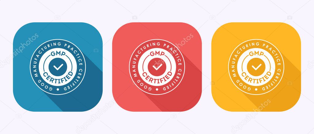 Good Manufacturing Practice Certified Icons in Various Colors and Shapes