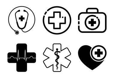 Sağlık Hizmetleri Çapraz Sembol Stethoscope Tıbbi Simgelerin Çeşitliliği İlk Yardım Kiti ve Kalp