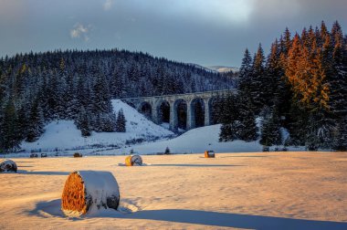 Slovakya 'da Telgart köyü yakınlarında karla kaplı saman yığınları olan taş bir köprü.