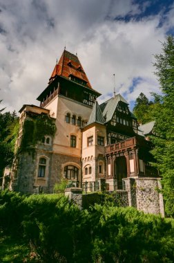 Peri masalı Neo-Gotik Romanya şatosunun sonbaharda Peles manzarası