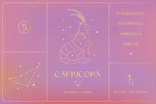 Signe Zodiaque Capricorne Golden Design Logo Abstrait Ésotérique Symboles Spirituels — Image vectorielle