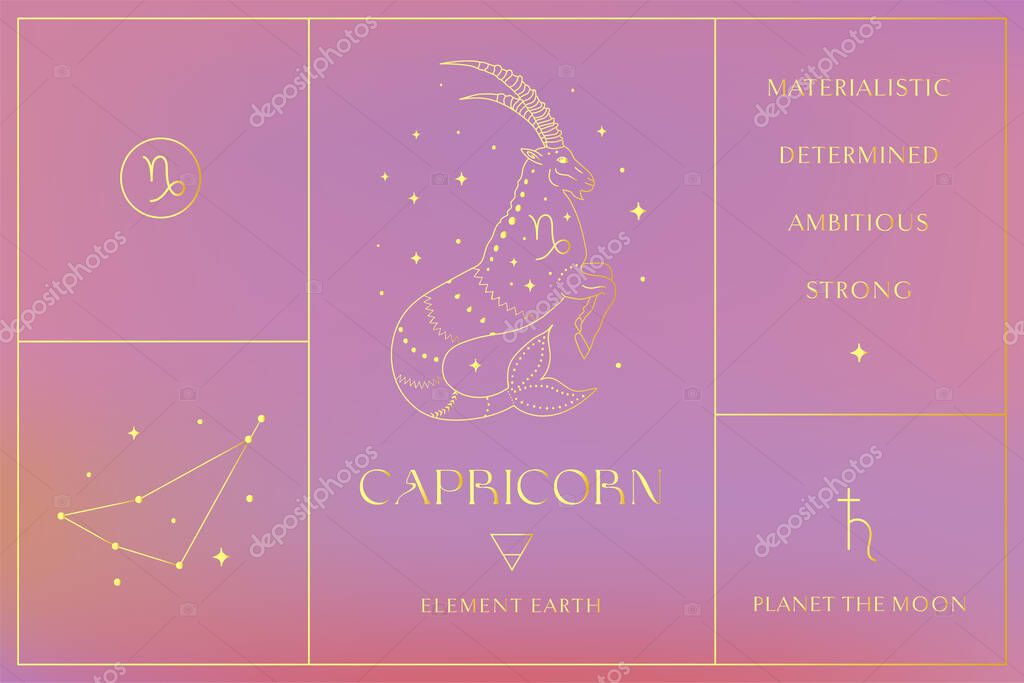 Capricorn Zodiac Sign Golden Design, Esoteric Abstract Logo, Mystic Spiritual Symbols, Icons. Astrology, Moon and Stars, Magic Esoteric Art.