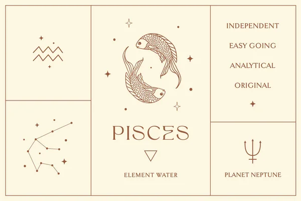 Poissons Zodiaque Signe Design Logo Abstrait Ésotérique Symboles Spirituels Mystiques — Image vectorielle