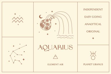 Aquarius Zodiac İşaret Tasarımı, Özerk Soyut Logo, Mistik Ruhani Semboller, Simgeler. Astroloji, Ay ve Yıldızlar, Sihirli Esrarengiz Sanat.