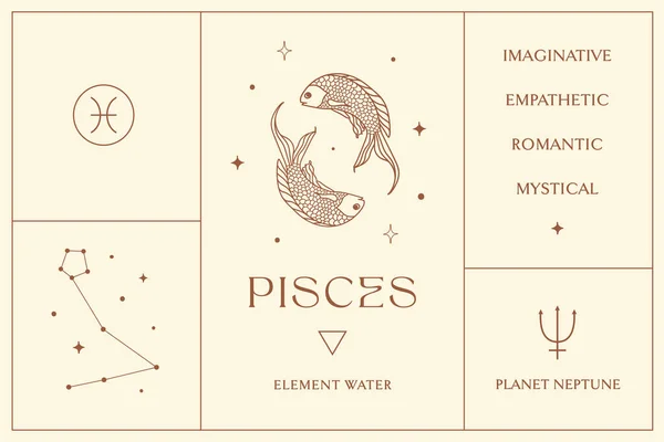Poissons Zodiaque Signe Design Logo Abstrait Ésotérique Symboles Spirituels Mystiques — Image vectorielle