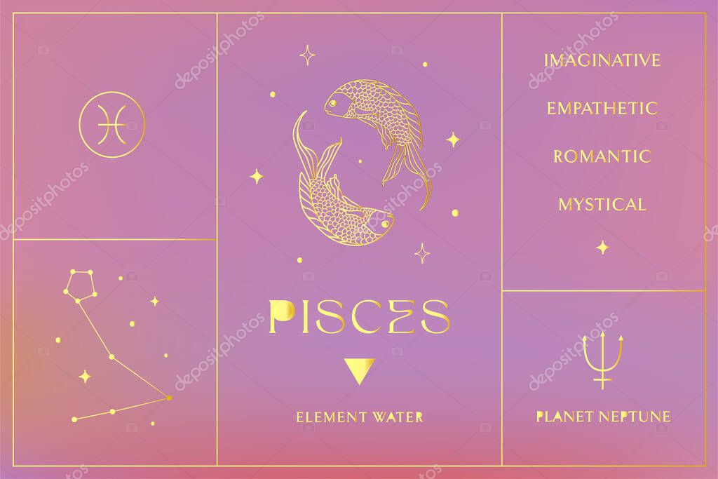 Pisces Zodiac Golden Sign Design, Esoteric Abstract Logo, Mystic Spiritual Symbols, Icons. Astrology, Moon and Stars, Magic Esoteric Art.
