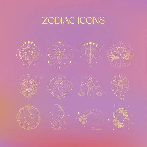 Iconos Dorados Del Zodíaco Logotipo Abstracto Esotérico Símbolos Espirituales Místicos — Vector de stock