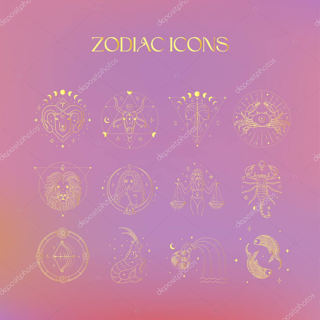 Zodiac Golden Icons, Esoteric Abstract Logo, Mystic Spiritual Symbols. Astrology, Moon and Stars, Magic Esoteric Art.
