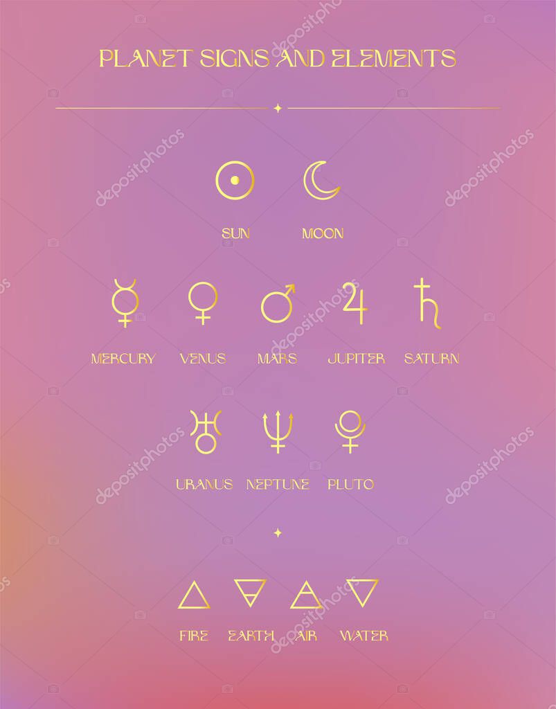 Planet Signs And Elements, Golden Zodiac Icons, Esoteric Abstract Logo, Mystic Spiritual Symbols. Astrology, Moon and Stars, Magic Esoteric Art.