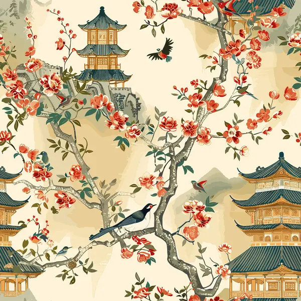 Αυτό Σαγηνευτικό Σχέδιο Συνδυάζει Περίπλοκη Κινεζική Αρχιτεκτονική Διακοσμημένη Λεπτά Λουλούδια Διάνυσμα Αρχείου