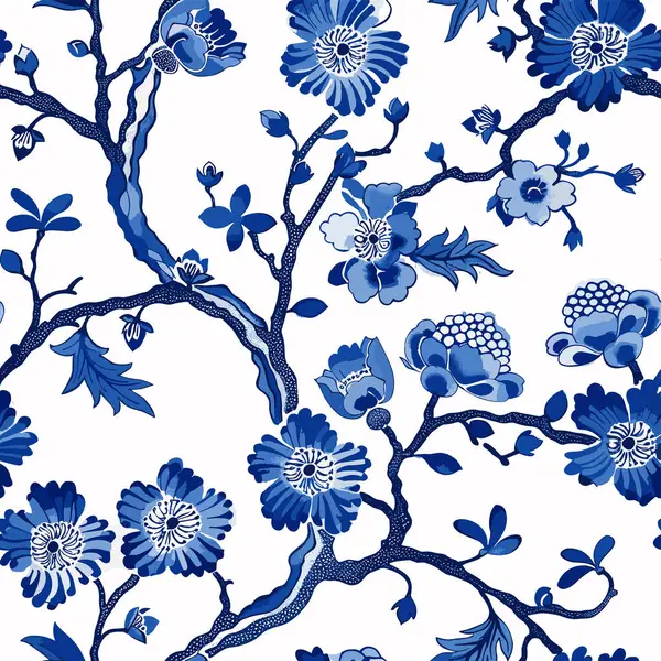 Chinese Traditional Ornament Seamless Pattern Toile Pattern Elegant Blue Hues Stock Illustration