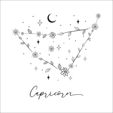 Bu illüstrasyon Oğlak takımyıldızının el yapımı karalama çiçekleri, yapraklar ve yıldızlarla süslenmiş güzel ve yaratıcı bir temsili. Oğlak Takımyıldızı şöyle tasvir edilir: