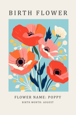 Flanders Poppy, Doğum Çiçeği Poppy, Ağustosta doğum ayı, çiçek pazarı posteri, ipek ekran baskısı, retro-moda psikedelik poster sanatı, Papaver rhoeas flower, henri matisse style, basit