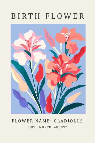 stock vector Birth flower Gladiolus, August birth month, flower market poster, silkscreen printing, retro groovy trippy psychedelic poster art, sword lily flower, henri matisse style, simple, minimal, 1960s