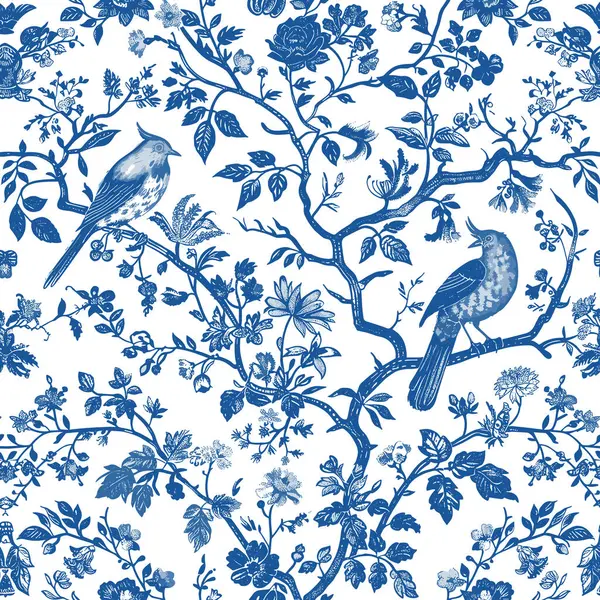 stock vector Toile De Jouy Vintage Floral Seamless Pattern, Elegant Vector Graphics Featuring delicate florals, branches, graceful birds and romantic motifs. Blue Toile for print design, perfect for fabric design