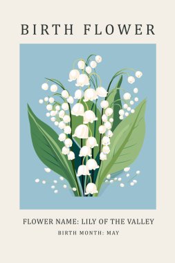 Birth flower Lily-of-the-Valley, May birth month, flower market poster, silkscreen printing, retro groovy trippy psychedelic poster art, simple, minimal, 1960s, bright and vibrant, funky, groovy clipart