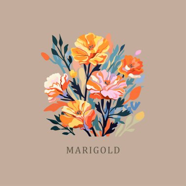 Marigold. Ekim ayı çiçeği. Doğum çiçekleri, klasik çiçek resimleri, retro çiçek pazarı posteri. İpek ekran basım, modası geçmiş uçuk psikedelik poster sanatı. Basit, 1960 'ların parlak, canlı, harika, bulutlu, düz formları.