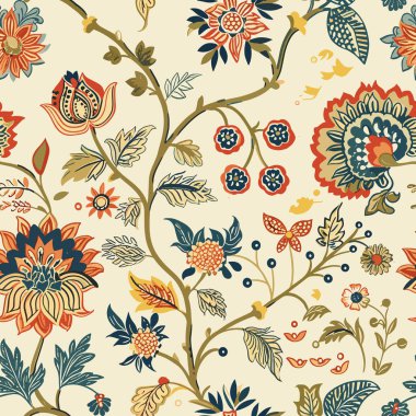 Blok baskılı Hint çiçek desenli kalamkari muhgal sanat. Mystical Mughal Blooms: Hint ve Doğu Süslemelerinin Füzyonu.-02 El çizimi Hint sanatı, Hint resmi ve halk sanatı. Tekstil için mükemmel 