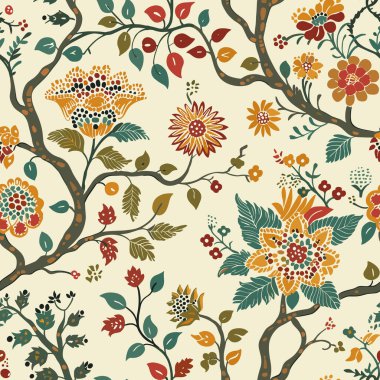 Blok baskılı Hint çiçek desenli kalamkari muhgal sanat. Mystical Mughal Blooms: Hint ve Doğu Süslemelerinin Füzyonu.-01 El çizimi Hint sanatı, Hint resmi ve halk sanatı. Tekstil için mükemmel