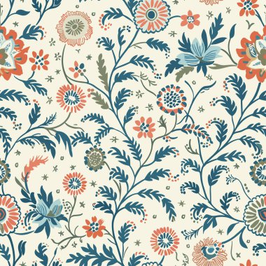 Blok baskılı Hint çiçek desenli kalamkari muhgal sanat. Mystical Mughal Blooms: Hint ve Doğu Süslemeleri 'nin Füzyonu. El çizimi Hint sanatı, Hint resmi ve halk sanatı. Tekstil için mükemmel 