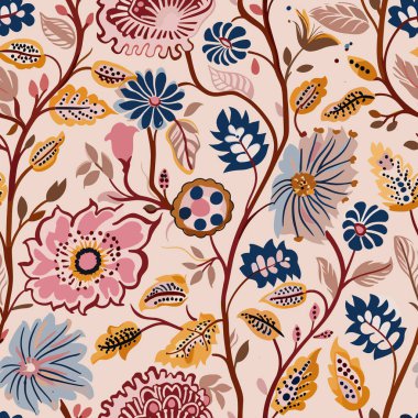 Blok baskılı Hint çiçek desenli kalamkari muhgal sanat. Mystical Mughal Blooms: Hint ve Doğu Süslemelerinin Füzyonu. -05 El çizimi Hint sanatı, Hint resmi ve halk sanatı. Tekstil için mükemmel 