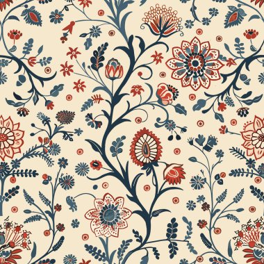 Blok baskılı Hint çiçek desenli kalamkari muhgal sanat. Mystical Mughal Blooms: Hint ve Doğu Süslü Örnekleri 'nin Füzyonu. El çizimi Hint sanatı, Hint resmi ve halk sanatı tarzları..