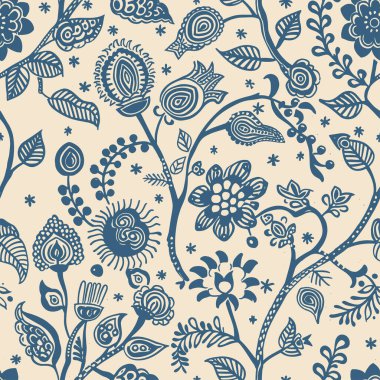 Blok baskılı Hint çiçek desenli kalamkari muhgal sanat. Mistik Babür Çiçekleri: Hintli ve Doğulu Süslü Örneklerin Füzyonu. Mavi Toile de Jouy. -12. El çizimi Hint sanatı, Hint resmi ve halk sanatı tarzları..