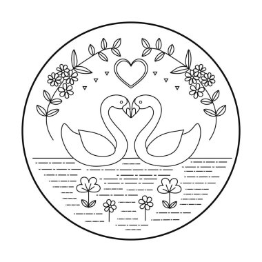 Swan hand embroidery pattern for a round hoop, Embroidery sticker paper, wedding craft gift, valentine's day gift, embroidery with a pair of lover swans with a heart, symbol of everlasting love Digital Pattern birds, vector illustration clipart