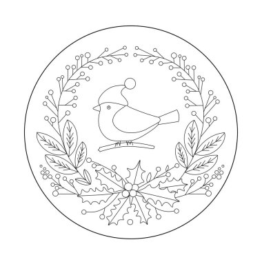 Cute bird in a wreath vector illustration of a hand embroidery pattern for a round hoop. Embroidery sticker paper, craft gift, handmade gift, embroidery with a christmas bird, floral wreath with berries and branches clipart