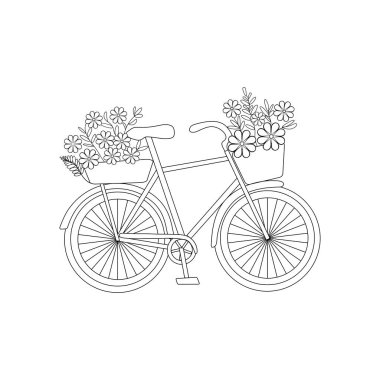 Cute retro vintage bike decorated with flower baskets, vector illustration of a hand drawn bicycle, line art, cute bicycle with basket, digital art, black and white, white background, clean line art, minimalist style, simple strokes, straight lines