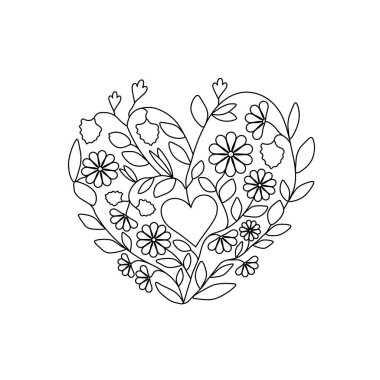 Çiçeklerle süslenmiş el yapımı aşk kalbi, çizgi sanatı, Sevgililer Günü hediyesi, sevimli basit tarz, dijital sanat, siyah beyaz arka plan, temiz çizgi sanatı, minimalist tarz, basit vuruşlar