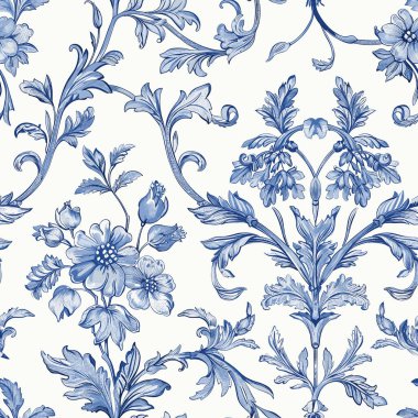 Toile de jouy Floral Blue Toile Chinoiseries Print Design Seamless Pattern 29. Sophisticated Subtle beautiful classic Victorian Baroque Damask style. Fabric, wallpaper, stationery, Royal wallpaper, subtle colors. Cottegecore design. Vector Graphic.