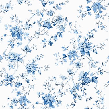 Toile de Jouy Çiçek Mavi Toile Çin Mahallesi Parmak İzi Tasarımı Kusursuz Şablon 30. Entelektüel, zarif, klasik Viktorya dönemi Barok tarzı Damask tarzı. Kumaş, duvar kağıdı, kırtasiye malzemesi, kraliyet duvar kağıdı, ince renkler. Cottegecore tasarımı. Vektör Grafiği.