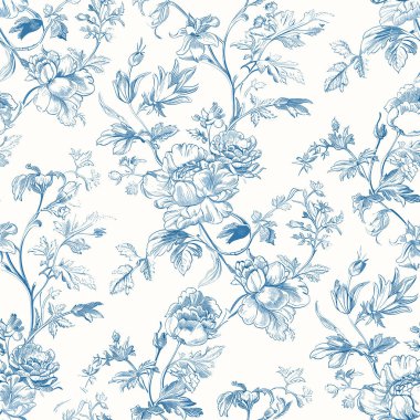 Toile de jouy Floral Blue Toile Chinoiseries Peonies Flowers Print Design Seamless Pattern 9. Sophisticated Subtle beautiful classic Victorian Damask style. Cottegecore design. Vector Illustration.