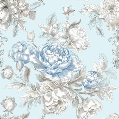 Toile de Jouy Floral Blue Chinoiseries Print Design Seamless Pattern 11. Vintage Charm, Victorian Baroque Art. Sophisticated Subtle beautiful classic Damask. Fabric, wallpaper, stationery. Cottegecore design. Vector Graphic.