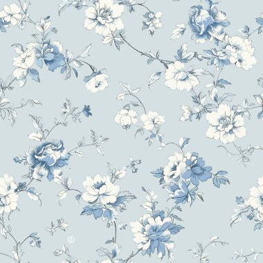 Toile de jouy Floral Blue Toile Chinoiseries Peonies Flowers Print Design Seamless Pattern 10. Sophisticated Subtle beautiful classic Victorian Damask style. Cottegecore design. Vector Illustration.