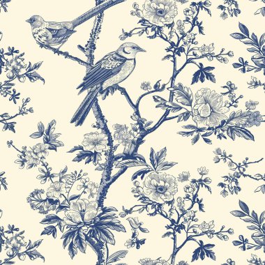 Toile De Jouy Vintage Çiçeksiz Desen: Zarif Vektör Grafikleri. Zarif çiçeklere, zarif kuşlara ve romantik motiflere sahip bu kusursuz desen kusursuzca işlenmiş..