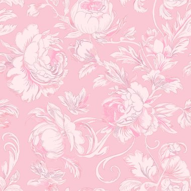 Pink Toile De Jouy Vintage Floral Seamless Pattern 03. Elegant Vector Graphics Print design. Pink Toile vintage floral pattern featuring hand-drawn pink flowers and ornamental leaves on a soft pastel pink background. The design has a classic, elegant