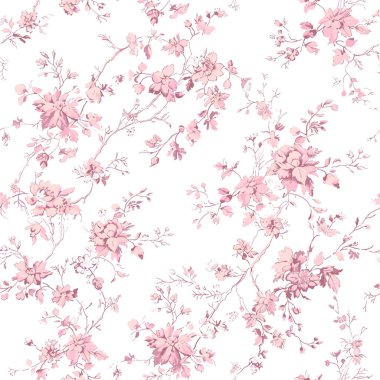 Pink Toile De Jouy Vintage Floral Seamless Pattern 04. Elegant Vector Graphics Print design. Pink Toile vintage floral pattern featuring hand-drawn pink flowers and ornamental leaves on a soft pastel pink background. The design has a classic, elegant