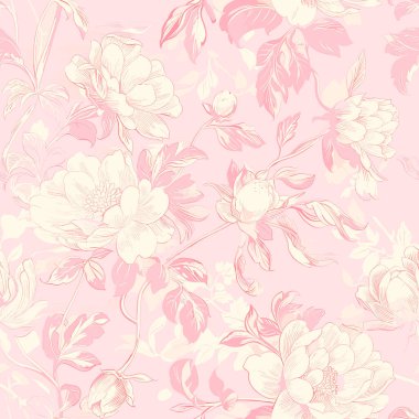 Pink Toile De Jouy Vintage Floral Seamless Pattern 05. Elegant Vector Graphics Print design. Pink Toile vintage floral pattern featuring hand-drawn pink flowers and ornamental leaves on a soft pastel pink background. The design has a classic, elegant