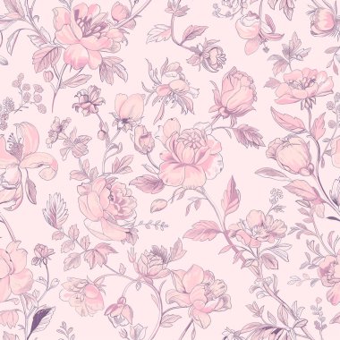 Pink Toile De Jouy Vintage Floral Seamless Pattern 06. Elegant Vector Graphics Print design. Pink Toile vintage floral pattern featuring hand-drawn pink flowers and ornamental leaves on a soft pastel pink background. The design has a classic, elegant